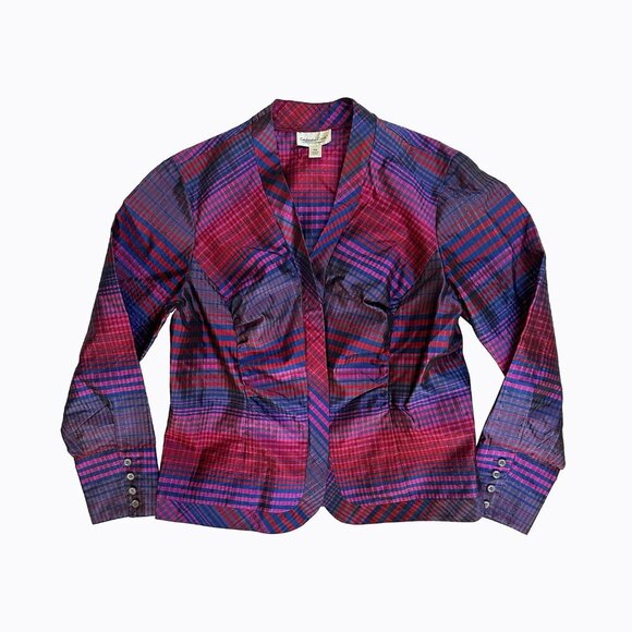 Coldwater Creek Plaid Blazer Zip Jacket Sz PM Silk Fuschia Classic Preppy Office - Picture 1 of 7